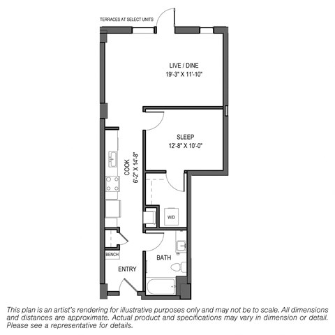 Floor plan for 1 bed, 1 bath, 749 sqft